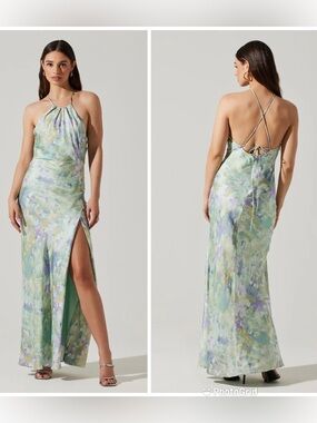 ASTR the Label Elynor Watercolor Halter Maxi Dress Medium Pastel Wedding Guest